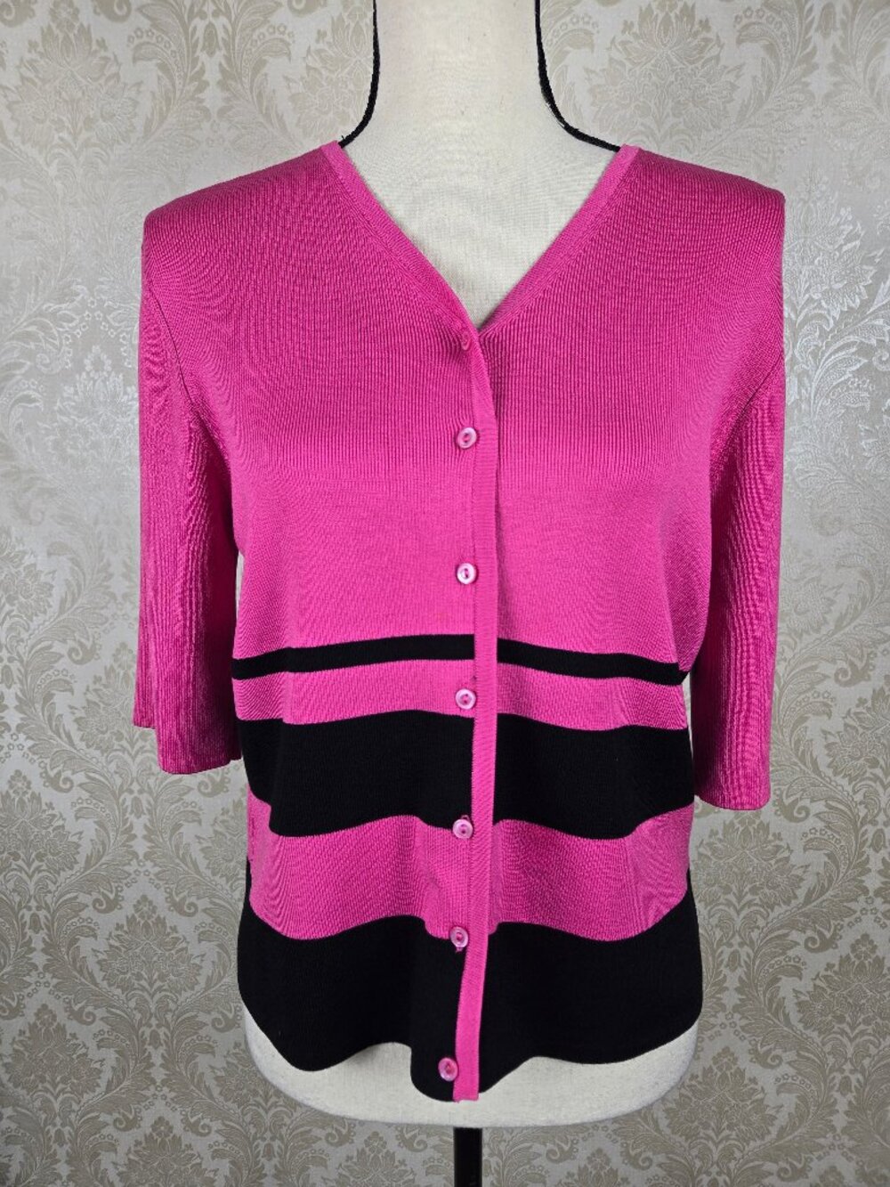 Moda Seta Size Medium Pink Black Striped Cardigan Button Up Vneck Short Sleeve